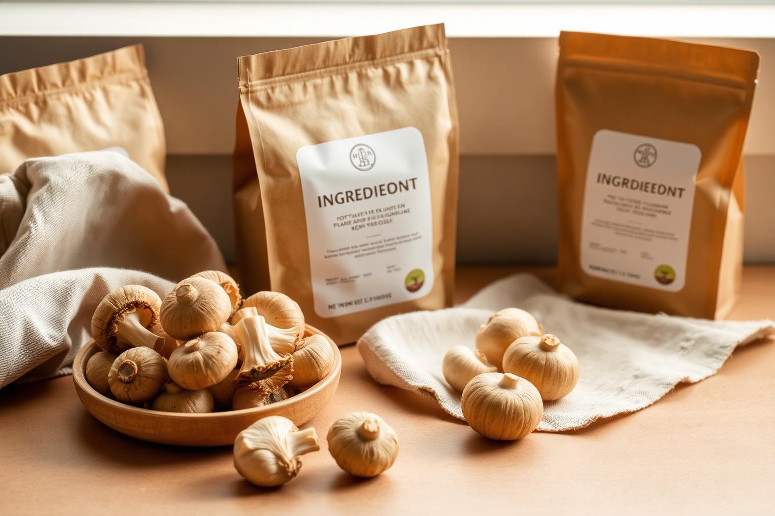 Dried mushrooms with neutral ingredient packaging on a warm surface